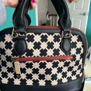 Spartina 449 Black and Cream Patterned Top-Handle Satchel with Red Zip Accent